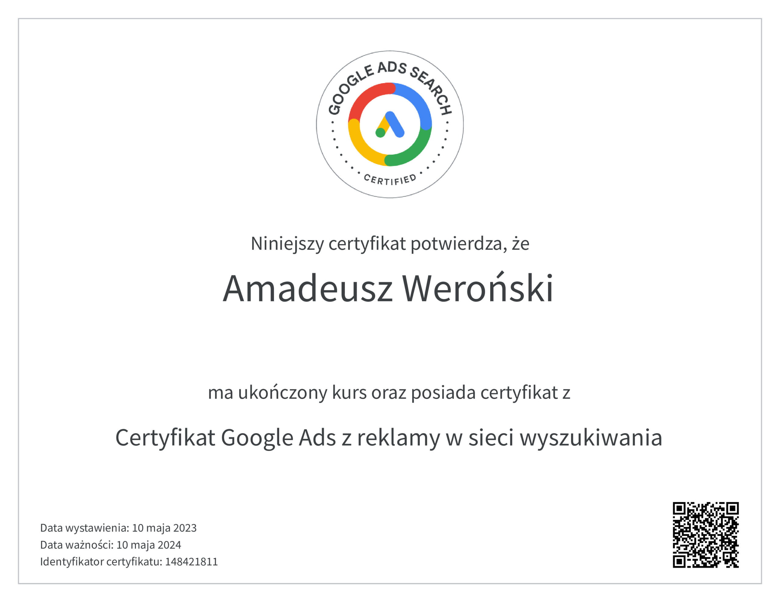 amadeusz weroński certyfikat google ads z reklamy w sieci wyszukiwania