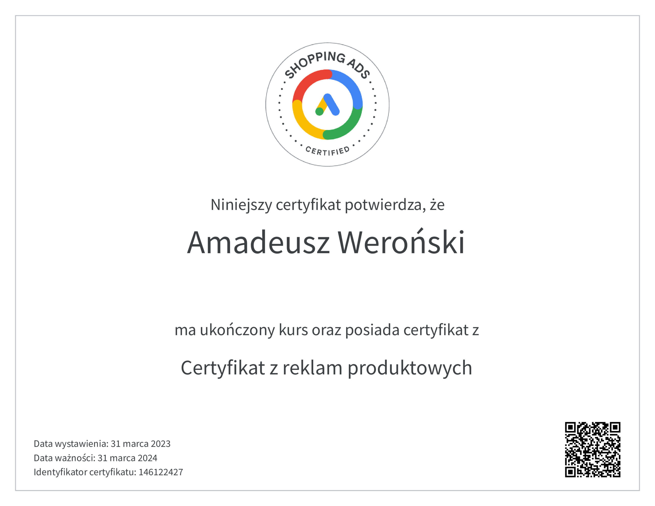 amadeusz weroński certyfikat z reklam produktowych
